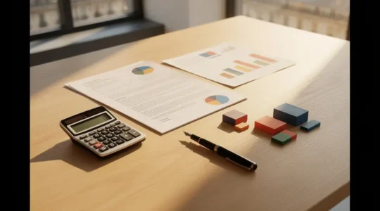 Vue d'ensemble d'un bureau moderne avec documents d'investissement et graphiques financiers représentant l'optimisation fiscale du PEA