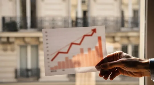 Main tenant un document financier avec graphique en baisse sur fond de patrimoine immobilier parisien