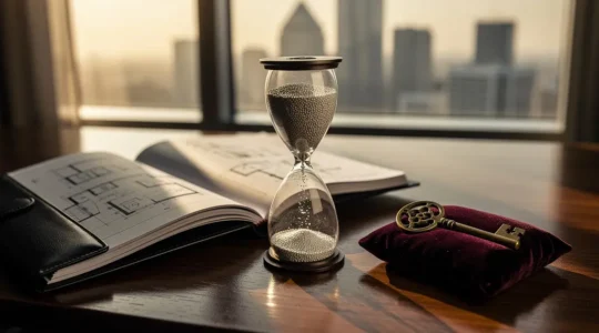 Bureau moderne avec documents immobiliers et clés sur table en bois, éclairage naturel