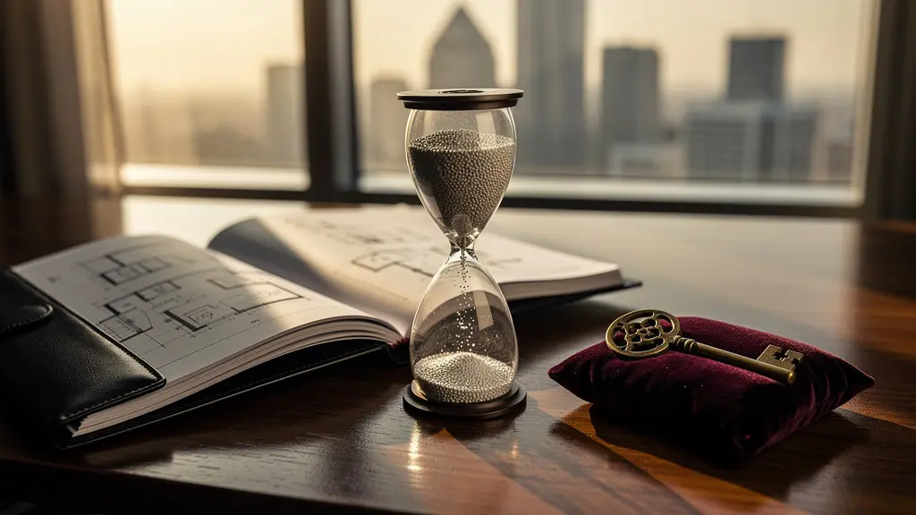 Bureau moderne avec documents immobiliers et clés sur table en bois, éclairage naturel