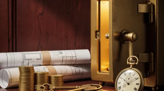 Patrimoine familial protégé contre l'hyperinflation avec coffre-fort, pièces d'or et documents immobiliers