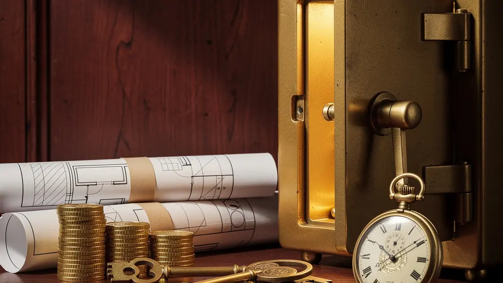 Patrimoine familial protégé contre l'hyperinflation avec coffre-fort, pièces d'or et documents immobiliers