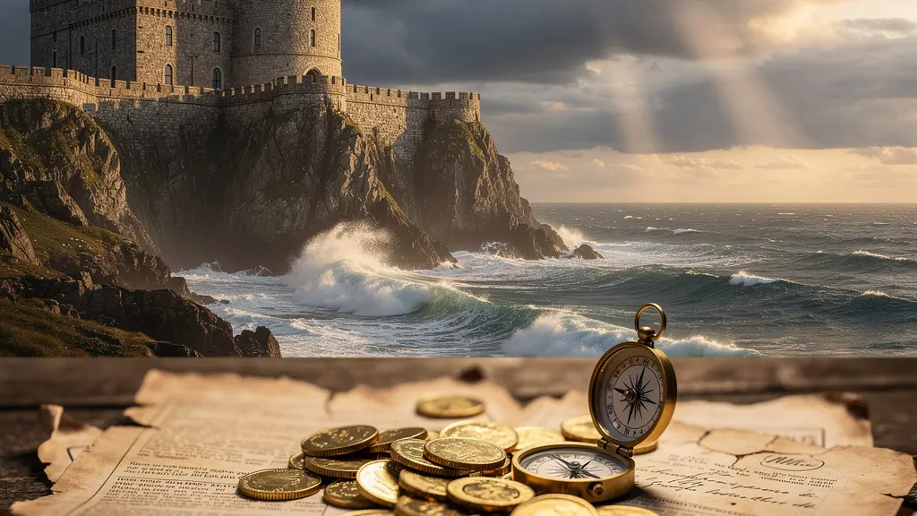 Composition équilibrée montrant des lingots d'or, des graphiques financiers et une forteresse symbolisant la protection des investissements