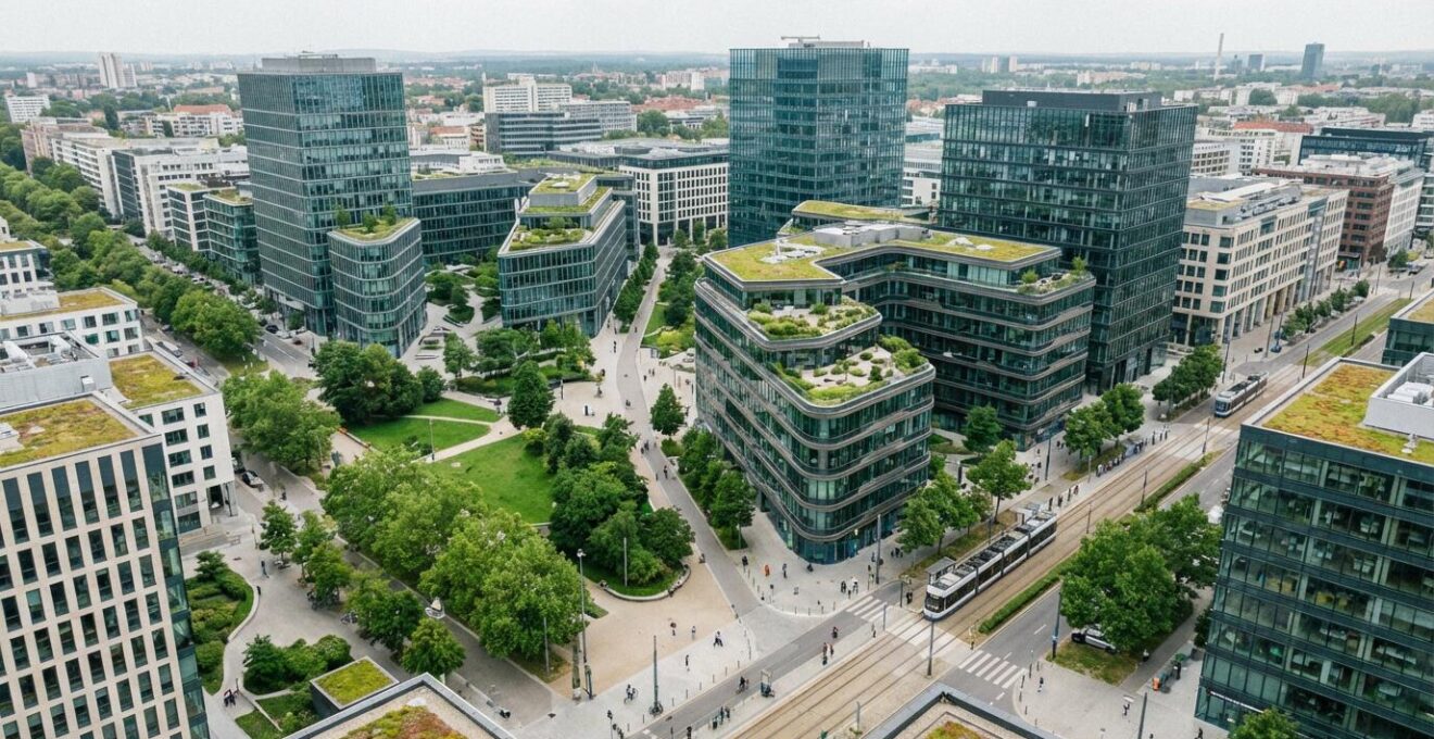 Vue aérienne d'un quartier d'affaires européen illustrant la diversification géographique SCPI