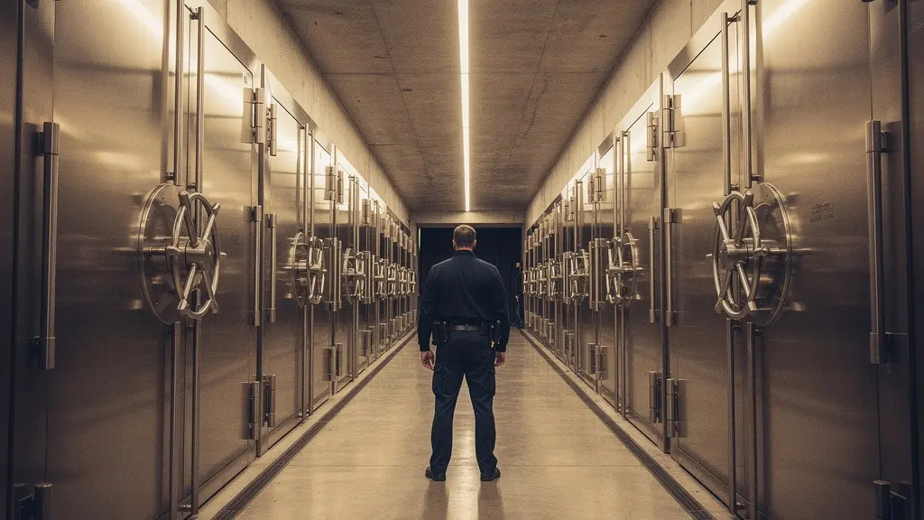 Coffres-forts massifs symbolisant les réserves d'or des banques centrales dans un contexte de tensions géopolitiques