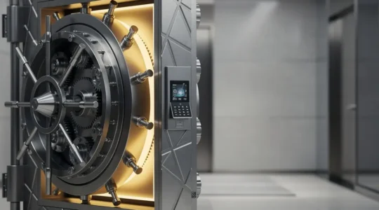 Coffre-fort bancaire moderne avec système de protection numérique illustrant la sécurité des dépôts