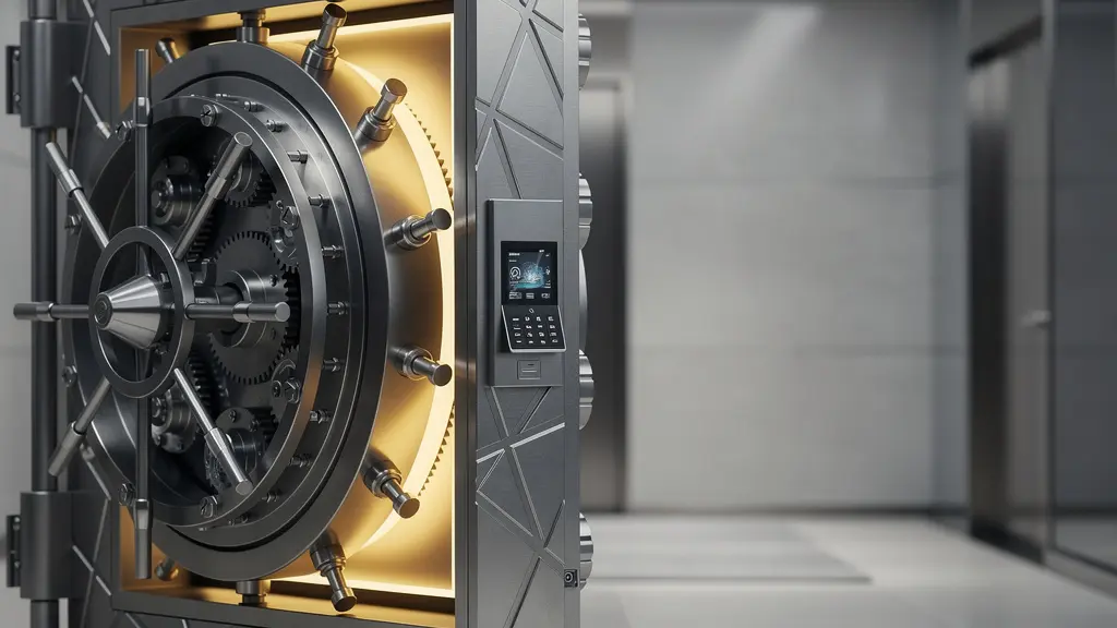 Coffre-fort bancaire moderne avec système de protection numérique illustrant la sécurité des dépôts