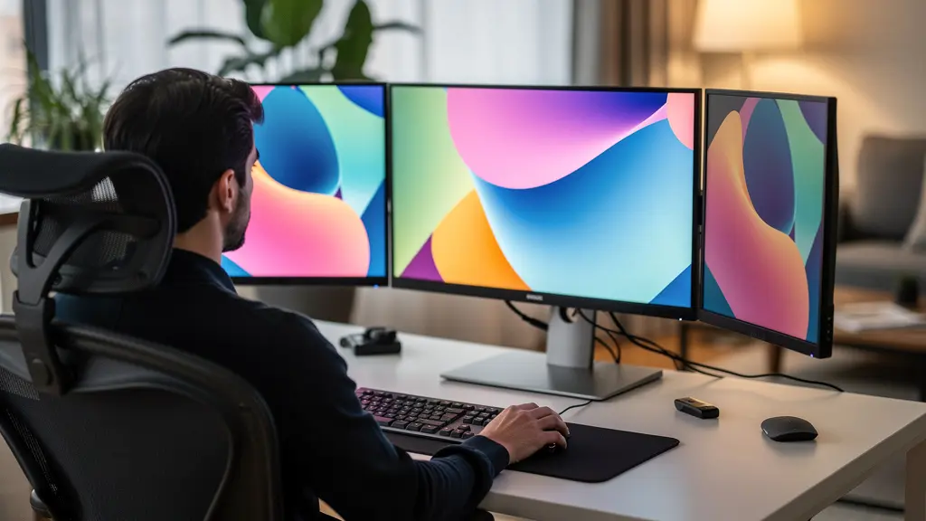 Espace de travail moderne avec multiples écrans montrant des graphiques abstraits