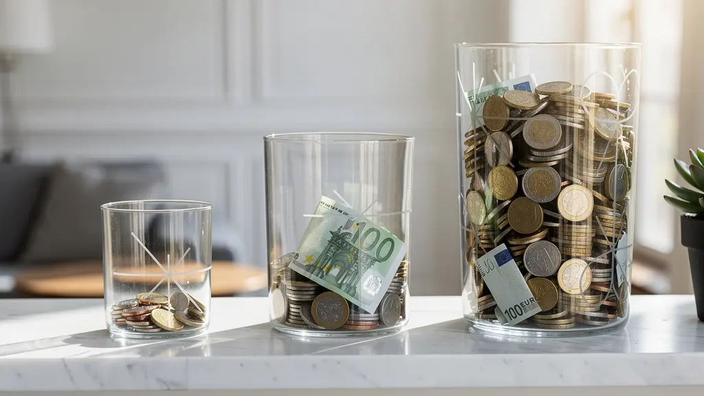 Composition visuelle de trois bocaux en verre de tailles différentes représentant les niveaux d'épargne de précaution