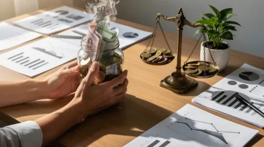 Vue aérienne d'un bureau moderne avec une calculatrice, des documents financiers et une plante verte symbolisant la croissance malgré l'inflation