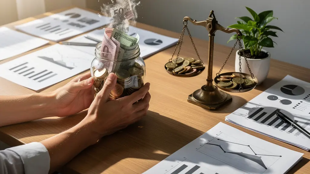 Vue aérienne d'un bureau moderne avec une calculatrice, des documents financiers et une plante verte symbolisant la croissance malgré l'inflation