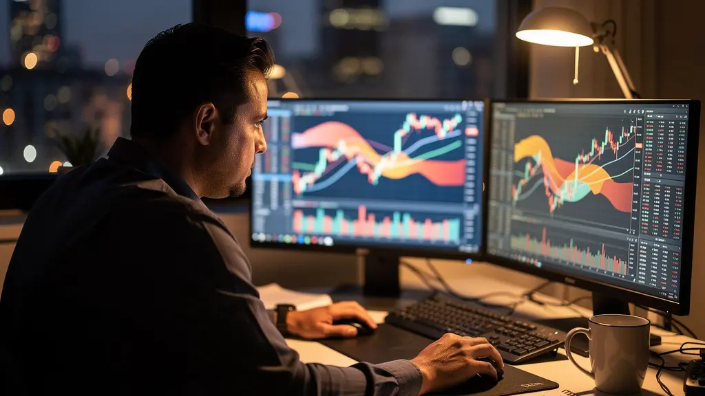 Trader analysant des graphiques boursiers le soir depuis son bureau à domicile