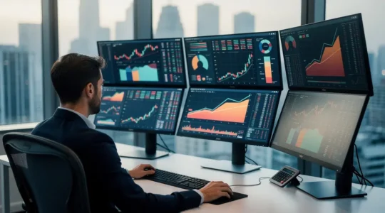 Trader professionnel devant plusieurs écrans analysant des graphiques boursiers dans un bureau moderne