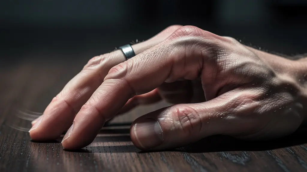 Vue macro d'une main posée sur un bureau montrant des signes de tension