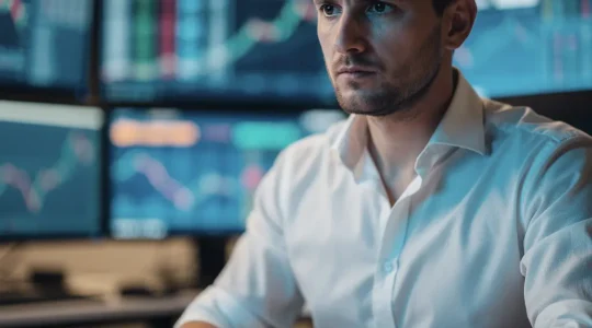 Trader analysant des graphiques avec concentration dans un environnement de trading moderne