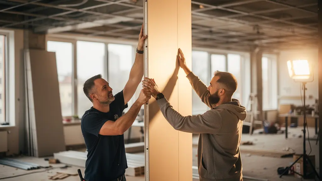 Chantier de transformation d'un immeuble de bureaux en logements avec cloisons modulaires