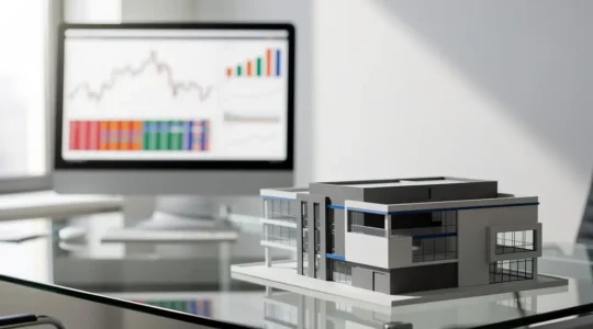 Bureau moderne avec graphiques boursiers sur écran et maquette d'immeuble tertiaire