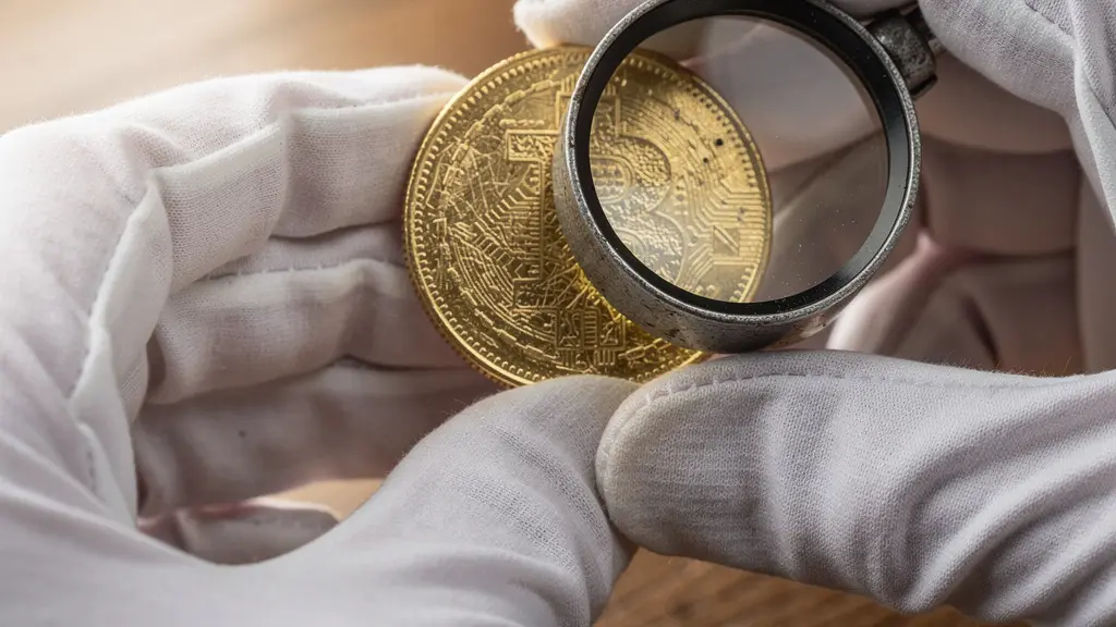 Mains gantées inspectant une pièce d'or avec une loupe professionnelle sur une table en bois