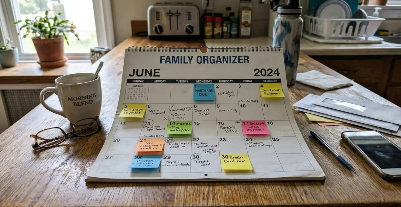 Un calendrier mural posé sur une table de cuisine avec des post-it colorés indiquant des échéances financières et un stylo posé à côté