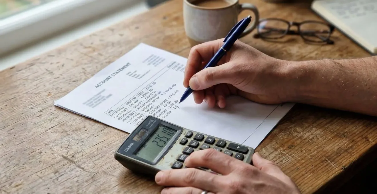 Gros plan sur des mains tenant un stylo au-dessus d'un relevé bancaire et d'une calculatrice posée sur un bureau en bois clair