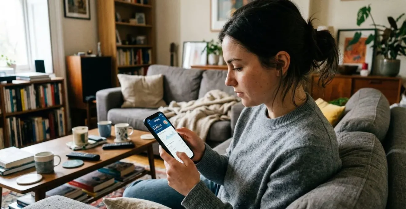 Une personne d'âge moyen consulte son application bancaire sur un smartphone dans un salon éclairé par la lumière naturelle d'une fenêtre