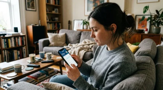 Une personne d'âge moyen consulte son application bancaire sur un smartphone dans un salon éclairé par la lumière naturelle d'une fenêtre
