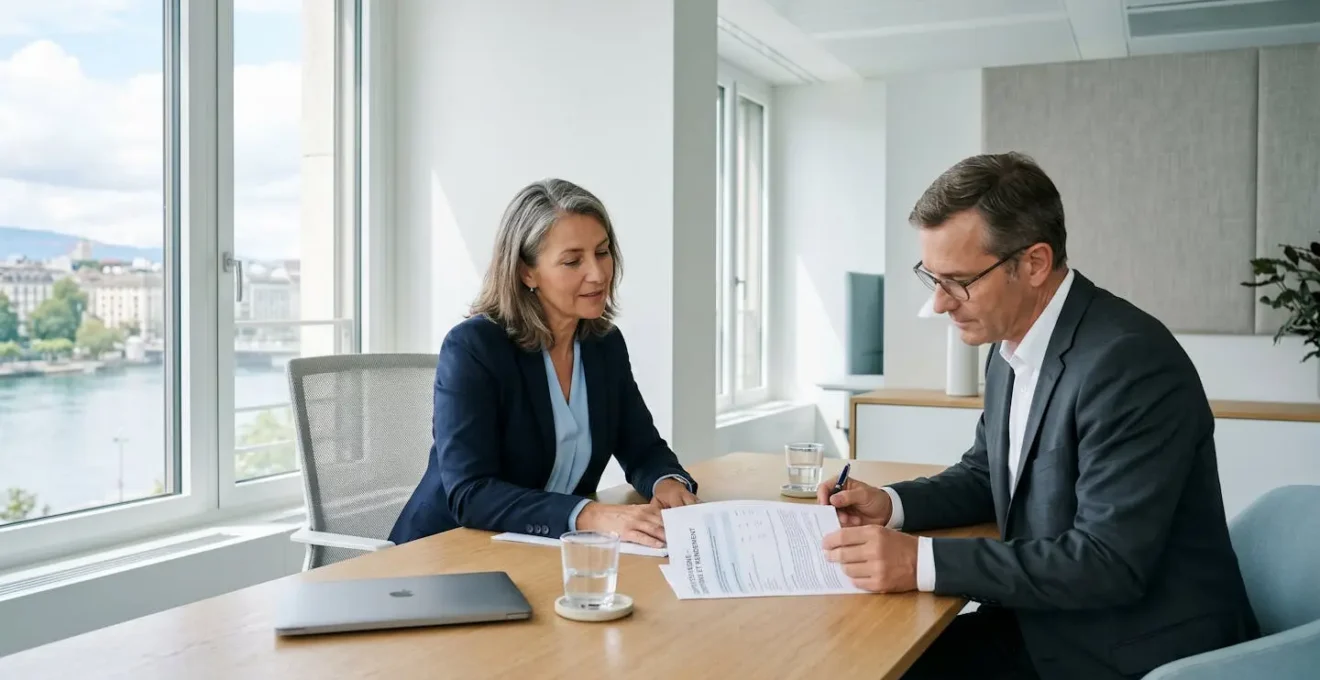 Client consultant des documents d'épargne dans un bureau de conseiller bancaire moderne