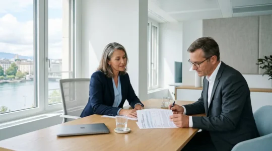 Client consultant des documents d'épargne dans un bureau de conseiller bancaire moderne