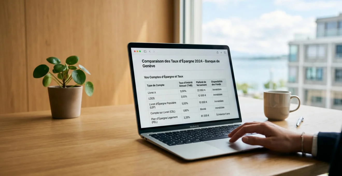 Écran d'ordinateur portable affichant un tableau comparatif de taux d'épargne en français