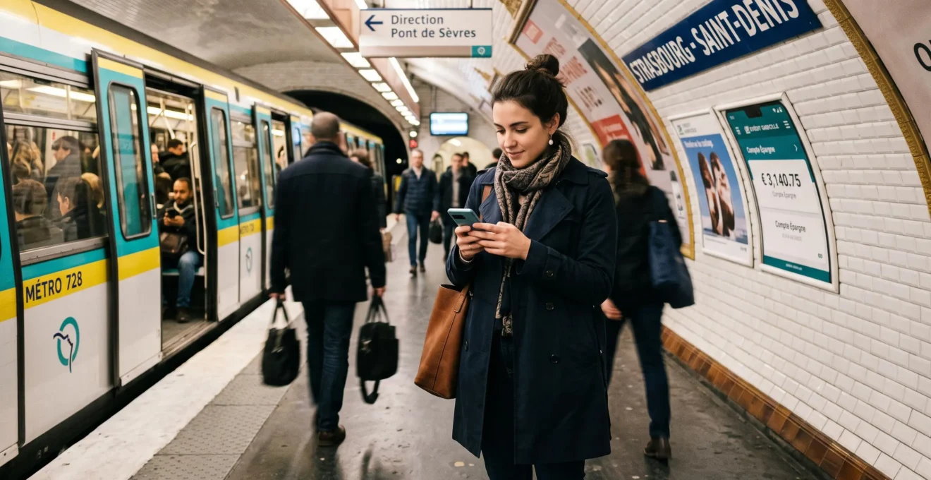 Personne consultant une application bancaire sur smartphone dans le métro parisien