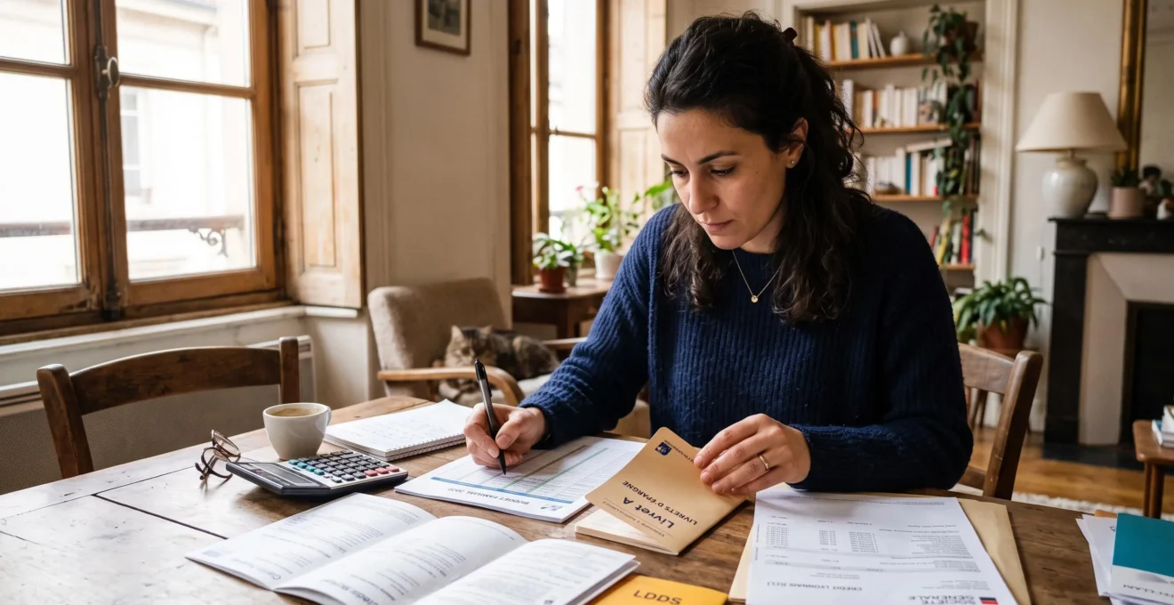 Personne organisant ses documents d'épargne sur une table dans un intérieur français