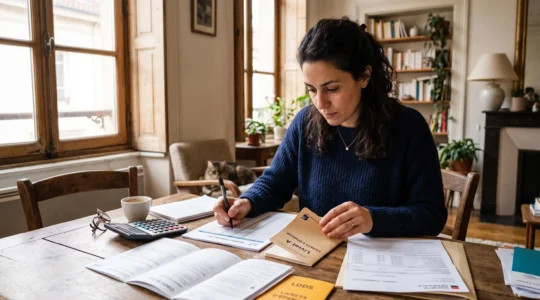 Personne organisant ses documents d'épargne sur une table dans un intérieur français
